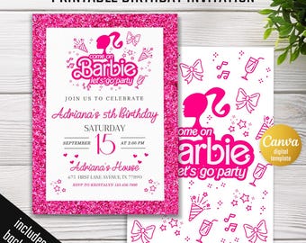 Printable doll birthday invitation, Bestie invitation, Malibu hot pink birthday party, instant download, girl fashion birthday invitation
