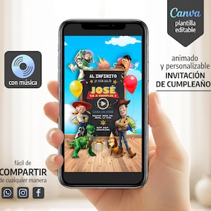 Puede incluir: Un teléfono inteligente muestra una invitación de cumpleaños con personajes de Toy Story. La invitación presenta el texto "AL INFINITO Y MÁS ALLÁ" y "JOSÉ VA A CUMPLIR 3". Texto adicional incluye "CASA DE JOSE" e "INVITACIÓN DE CUMPLEAÑOS". El teléfono está en una mano.