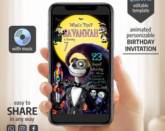 Nightmare Before Christmas Animated Invitation, Whats This Join Us to Celebrate Video Invite, Skeleton Sally Moon Bats Video Template