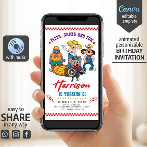 May include: A smartphone displays a colorful birthday invitation with cartoon characters, pizza, and the text "Pizza, Games and Fun." The invitation is for "Harrison" turning 5. The phone also shows "Canva editable template" and "animated personalized BIRTHDAY INVITATION."