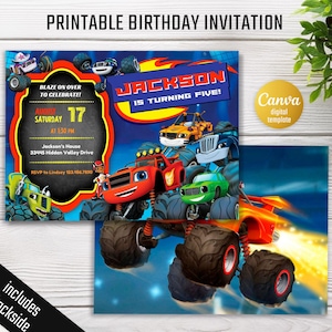 Puede incluir: Una invitación de cumpleaños imprimible con camiones monstruo y el texto "¡Jackson cumple cinco años!" La invitación incluye la fecha, la hora y el lugar de la fiesta. El diseño tiene un fondo azul con llamas y las palabras "Blaze on over to celebrate!"