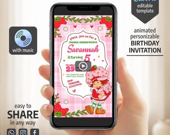 Strawberry Shortcake video invitation, Berry First Birthday, Shortcake Theme, Editable Invite for Girls, Sweet One Party animated Template