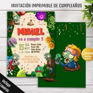 Invitación cumpleaños Plantas vs Zombies, plantilla editable imprimible, fiesta gamer