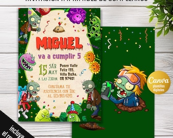 Plants vs Zombies birthday invitation, game invite, printable editable party invite template, Gamer Party, Halloween Party