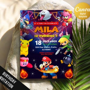 Printable smash bros invitation, fighting birthday invite, editable invitation, girl birthday, smash bothers party, video game invitation
