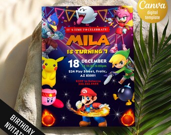 Printable smash bros invitation, fighting birthday invite, editable invitation, girl birthday, smash bothers party, video game invitation