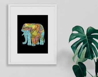 African Elephant Map Art, Papercut Art Print, Safari Nursery Decor, Personalize with Custom Map