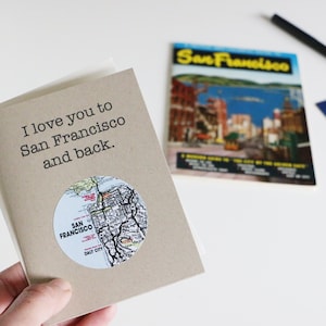 I Love You to San Francisco and back // Recycled Customized Map Card // Mini Greeting Card // Friendship Anniversary Romance