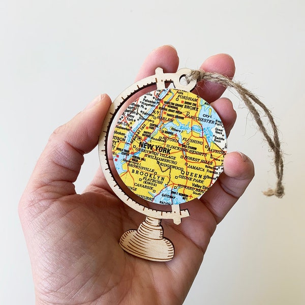 New York City Map Ornament, NYC Ornament or Custom Map, Wood Globe Travel Ornament, Long Distance Ornament