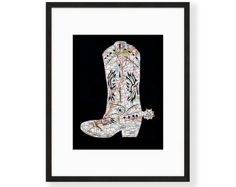 Texas Cowboy Boot Art // Map of Texas Fine Art 11x14 Print // Cowgirl Wall Decore // Realtor Gift // Option for Custom Map