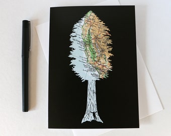 California Redwood Tree Card // Original Map Art Stationary // Eco Friendly