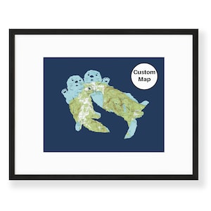 Custom Sea Otter Print, One Year Anniversary, Otter Gifts, Dating Anniversary Gift, Long Distance Relationship, Otter Art, Custom Maps image 1