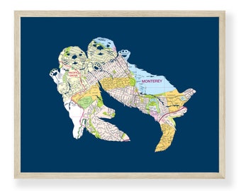 Sea Otter Map Artwork Poster, Monterey Bay California Map, Otter Gifts, Dating Anniversary Gift, Significant Otter Print, Choose Custom Maps