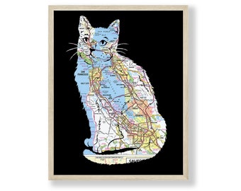 Bay Area Map Cat Poster, San Francisco Art, San Francisco Poster, California Map Art, Pet Sympathy Gift, Cat Print, Choisissez n’importe quelle carte personnalisée