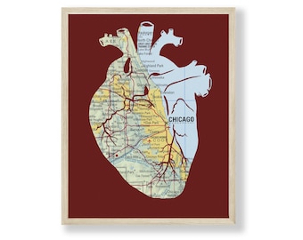 Chicago Map Heart Print , City Map Art, Nursing Graduation Gift , Anatomical Heart Medical Art Print, Personalize with Custom Map