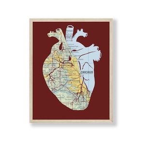 Impression coeur carte de Chicago, art de la carte de la ville, cadeau de remise des diplômes en soins infirmiers, impression d'art médical coeur anatomique, personnalisation avec une carte personnalisée