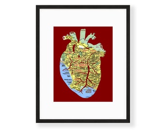 Los Angeles Map Artwork , Anatomical Heart, Medical Art, Map Art Print, LA Map, Cardiologist, 11x14 Poster, Personalize with Custom Map