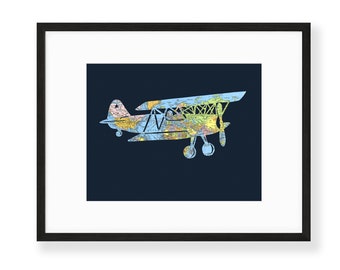 Airplane World Map Art // 11x14 Poster // Vintage Biplane // Flying Plane Artwork