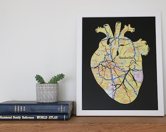Nashville Tennessee Heart Map Art Print // Anatomical Heart of Nashville // Red or Black Background // Personalize with Custom Map