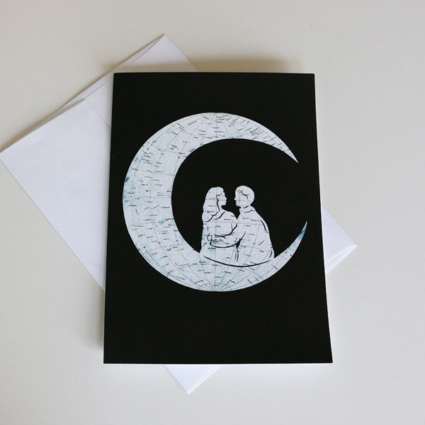 Love You To The Moon And Back Card // Celestial Wedding or Anniversary Stationary // Valentines Day Card // Far Side of the Moon Map