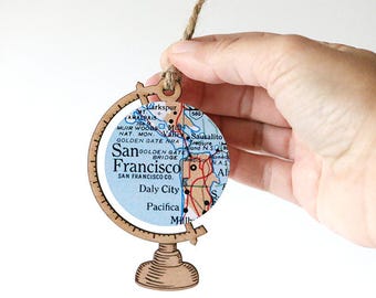 Custom Map Ornament, Choose Any Map on the Globe, Upcycled, Eco Friendly, Personalized Wooden Christmas Ornament