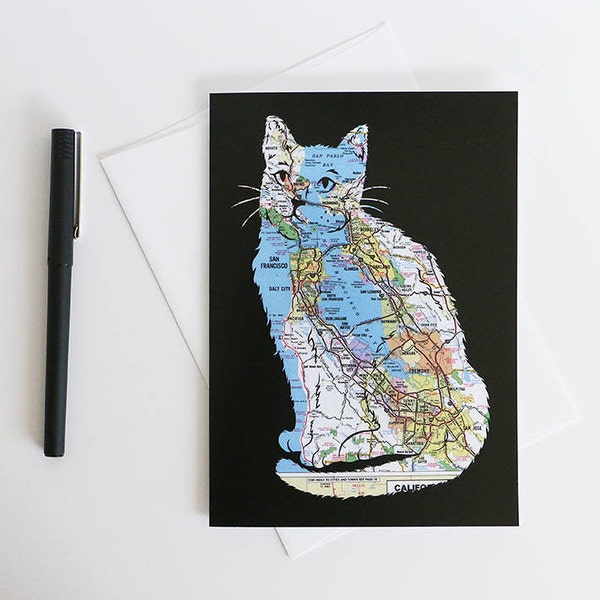 Bay Area Map Cat Greeting Card // Kitty Cat // Map Art Stationary