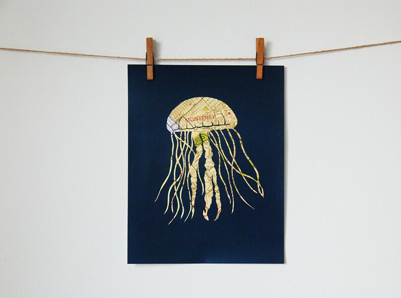 Monterey Jellyfish Art Print // Map Papercut Poster // 11x14 Wall Art image 3