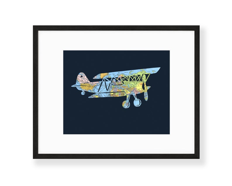 Airplane World Map Art // 11x14 Poster // Vintage Biplane // Flying Plane Artwork image 1