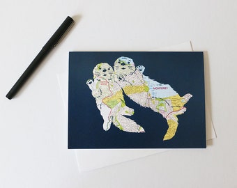 Monterey Sea Otters Card // Sea Otters Holding Hands // California Map Art Stationary // Significant Otter Anniversary Card // Pacific Grove