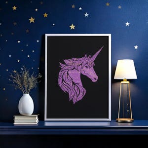 May include: A purple unicorn silhouette with a starry design on a black background. The image is framed and displayed on a dark blue wall with gold stars.