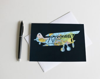 Vintage Airplane Map Art Card // World Map Cut Out Greeting Card // Frameable Stationary 5x7 // Biplane