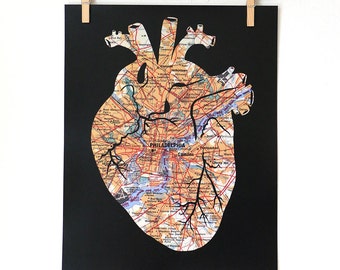 Philadelphia Anatomical Heart Map Art Print, Open Heart Surgery, Custom City Map Art, Personalize With Any Map