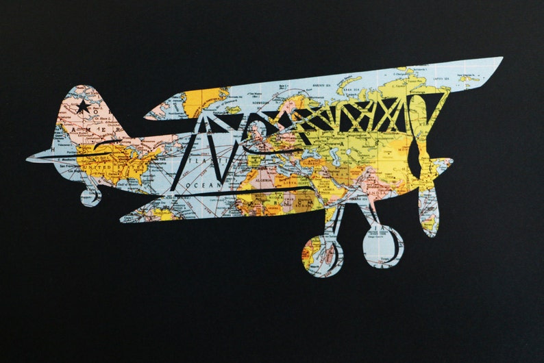 Airplane World Map Art // 11x14 Poster // Vintage Biplane // Flying Plane Artwork image 6