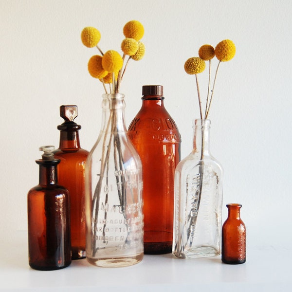 SALE- Instant Collection of 6 Vintage Glass Apothecary Bottles -  Repurposed Vases/ Display