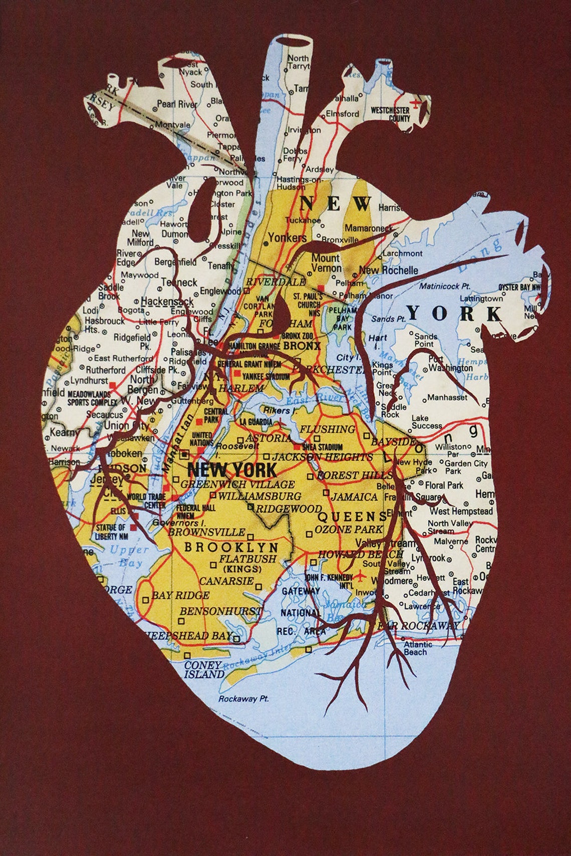 New York City Heart Map Art Print // Anatomical Heart of NYC | Etsy