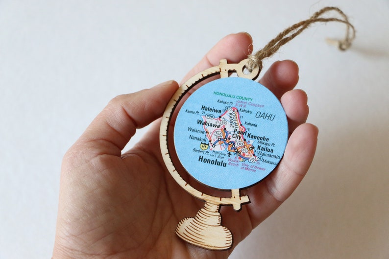 Hawaiian Islands Map Ornament, Custom Map Wood Globe Ornament, Mele Kalikimaka, Hawaii, Maui, Oahu, Kauai, Hawaii Map, Engagement Ornament 4. Oahu