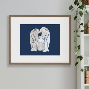 Penguin Art Print, Personalize With Any Map, Unique Penguin Gift, Custom Family Map Art