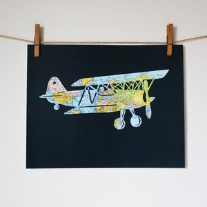 Airplane World Map Art // 11x14 Poster // Vintage Biplane // Flying Plane Artwork image 3