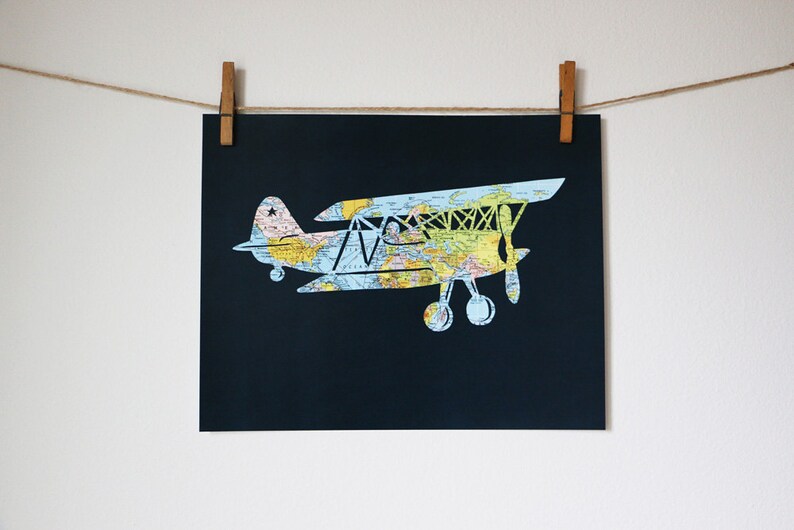 Airplane World Map Art // 11x14 Poster // Vintage Biplane // Flying Plane Artwork image 3