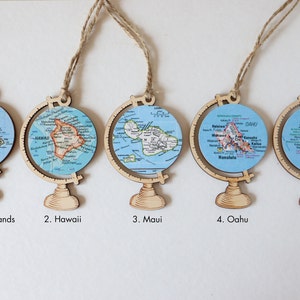 Hawaiian Islands Map Ornament, Custom Map Wood Globe Ornament, Mele Kalikimaka, Hawaii, Maui, Oahu, Kauai, Hawaii Map, Engagement Ornament image 2