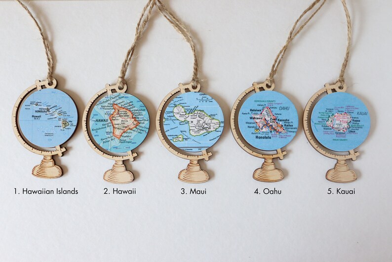 Hawaiian Islands Map Ornament, Custom Map Wood Globe Ornament, Mele Kalikimaka, Hawaii, Maui, Oahu, Kauai, Hawaii Map, Engagement Ornament image 2