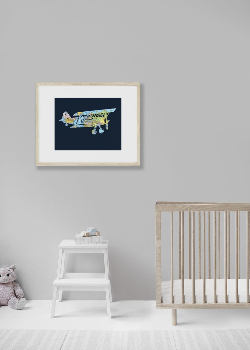 Airplane World Map Art // 11x14 Poster // Vintage Biplane // Flying Plane Artwork image 2