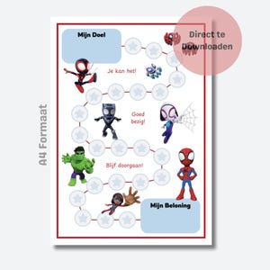 May include: A4-sized printable chart featuring Marvel characters like Spider-Man and Hulk. The chart includes text in Dutch, with phrases like "Mijn Doel" and "Mijn Beloning", and a "Direct te Downloaden" label.