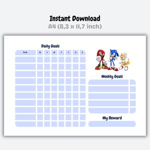Tabla de tareas (imprimible) – Tabla de recompensas – Planificador de objetivos diarios – Lista de tareas semanales – Sonic – Tabla de rutinas – Descarga instantánea
