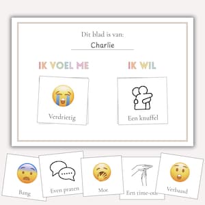 Op de afbeelding: Een wit papier met de tekst "Dit blad is van: Charlie" en de zinnen "IK VOEL ME" en "IK WIL". Daaronder staan afbeeldingen met emoji's en tekst, waaronder "Verdrietig", "Een knuffel", "Bang", "Even praten", "Moe", "Een time-out" en "Verbaasd".