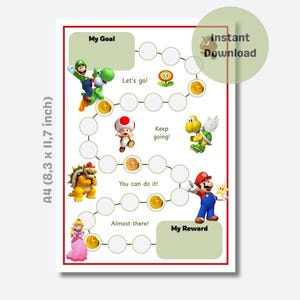 Peut inclure: Tableau de récompenses imprimable au format A4 avec des personnages de Super Mario. Le tableau comprend des espaces pour les objectifs et les récompenses, avec des illustrations de Mario, Luigi, Yoshi, etc. Dimensions : 21 x 29,7 cm.