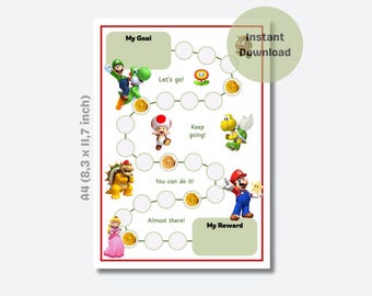 May include: A4 reward chart featuring Super Mario characters. The chart includes spaces for goals and rewards, with illustrations of Mario, Luigi, Yoshi, and other characters. The dimensions are 21 x 29.7 cm.