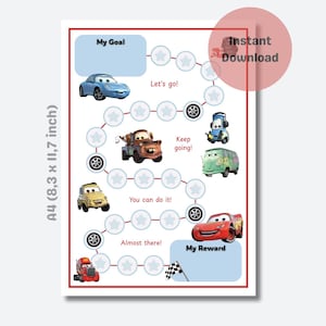 Può includere: Grafico stampabile in formato A4 con personaggi del film Cars. Il grafico include un percorso con stelle, illustrazioni di auto e testo come "My Goal", "Let's go!" e "My Reward". Il grafico misura 21 x 29,7 cm.