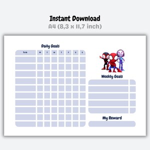 Tableau des tâches (imprimable) - Tableau des récompenses - Planificateur d'objectifs quotidiens - Liste de contrôle des tâches hebdomadaire - Spidey / Spiderman - Tableau des routines - Téléchargement instantané