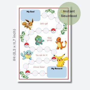 Op de afbeelding: A4-formaat afdrukbare beloningskaart met Pokémon-personages. De kaart bevat ruimtes voor doelen en beloningen, met illustraties van Eevee, Bulbasaur, Charmander, Squirtle en Pikachu. Versierd met groene bladeren en Poké Balls.